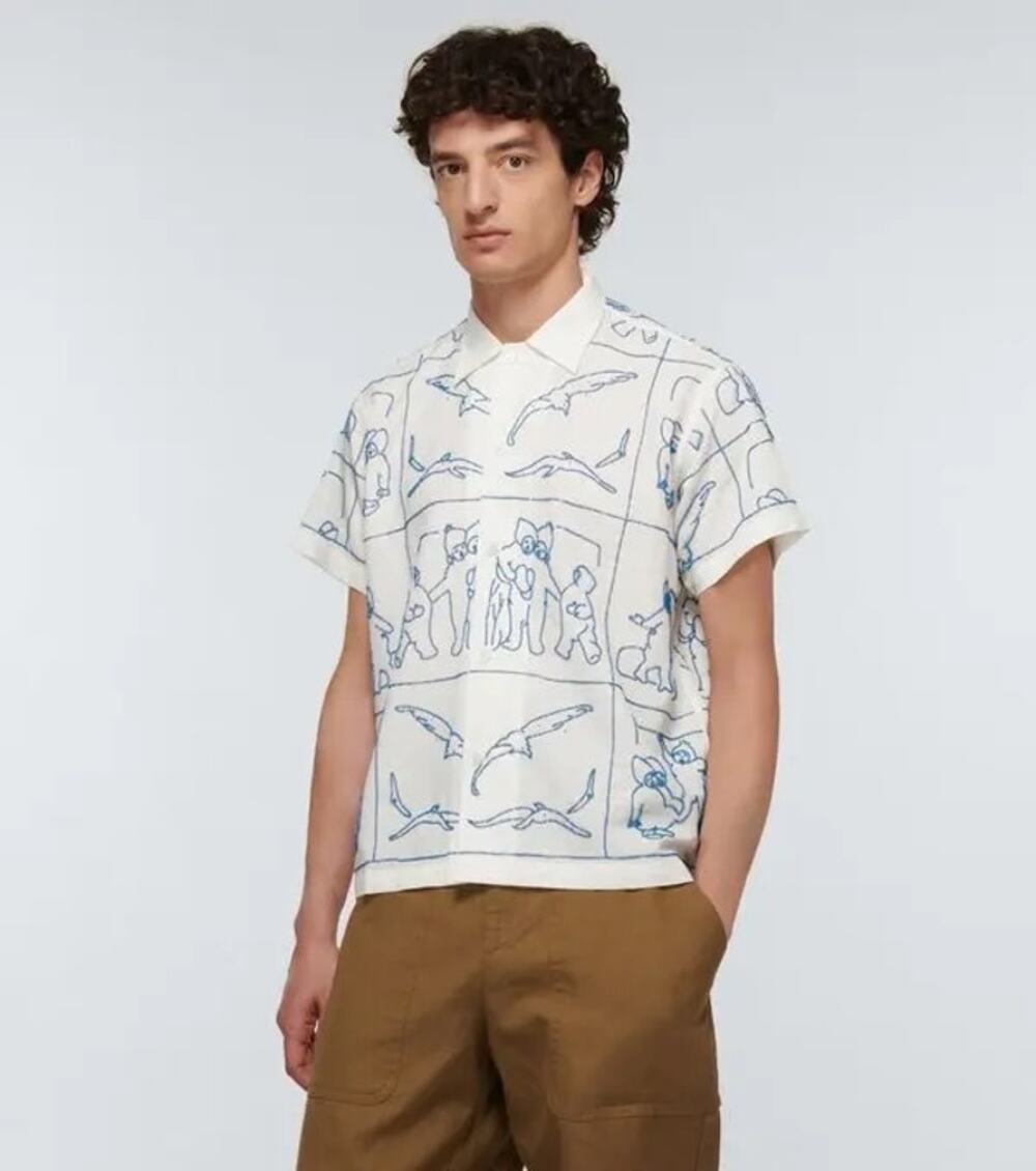 Bode Blue Bead Embroidered Linen Button Up Shirt M/L Art to Wear Maximalist